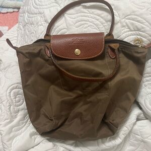 Small Longchamp Brown Nylon Le Pliage Tote with Tan Leather Trim